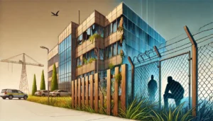 DALL·E 2024-11-22 09.10.09 - A Security risk assessment symbolic illustration capturing the concept of property 'body language' and its relation to security. The image features a modern corporate building by .