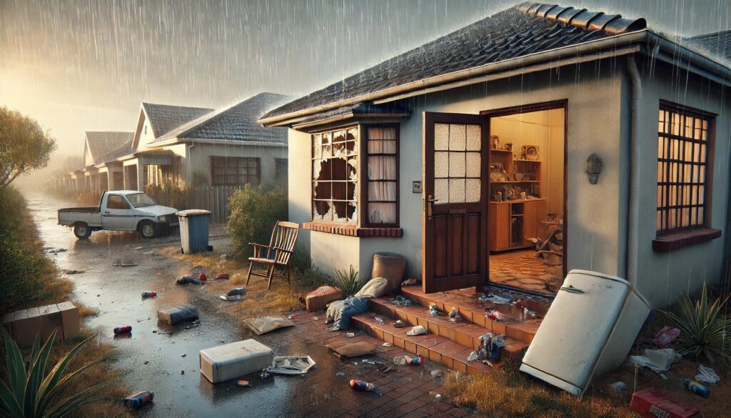 aftermath of a break-in after the security risk assessment holidays season. The scene includes a da by .